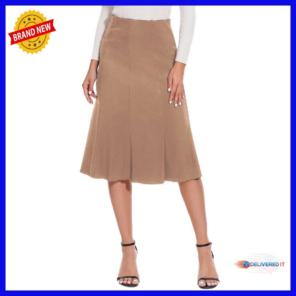 Women's Knee Length Flared Skirt High Waist Elastic Office Casual